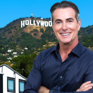 An image showcasing a confident real estate consultant in Hollywood, standing in front of luxurious properties with the iconic Hollywood sign in the background, exuding success and expertise