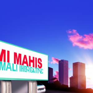 An image showcasing a bustling Miami skyline, with Pros We Buy Houses Miami Ltd's logo prominently displayed on a towering billboard, symbolizing their exceptional presence and success in navigating the city's real estate market